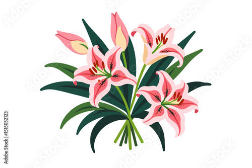 Pink Lily Bouquet Illustration on White Background - Beautiful Floral Design with Delicate Details - Perfect for Spring or Summer Themes and Elegant Designs