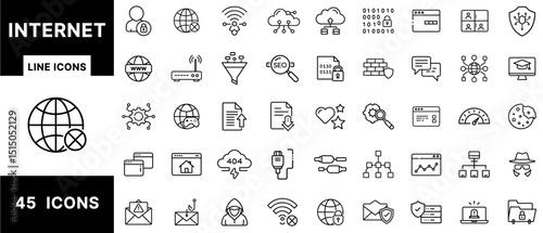 Internet Line Icons Set Featuring Web Access, SEO, Cybersecurity, Data Transfer, Browsing, Cloud Computing, Online Gaming, Networking, and Digital Communication