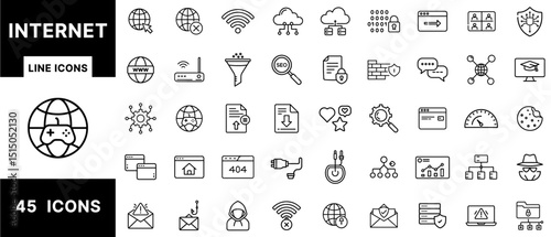 Internet Line Icons Set Featuring Web Access, SEO, Cybersecurity, Data Transfer, Browsing, Cloud Computing, Online Gaming, Networking, and Digital Communication