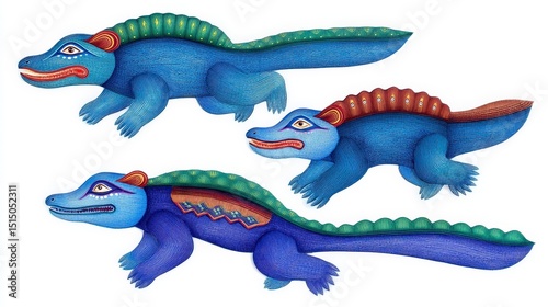 Colorful and Stylized Illustrations of Three Unique Mythical Creatures in Vibrant Blues