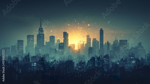 stunning city skyline silhouette at dusk, illuminated by vibrant sunset glow