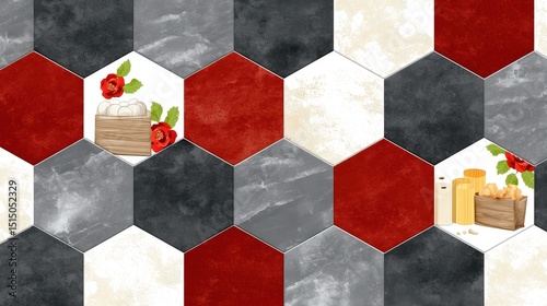Geometric Hexagonal Pattern with Floral and Culinary Elements in Red, Black and Cream Tones