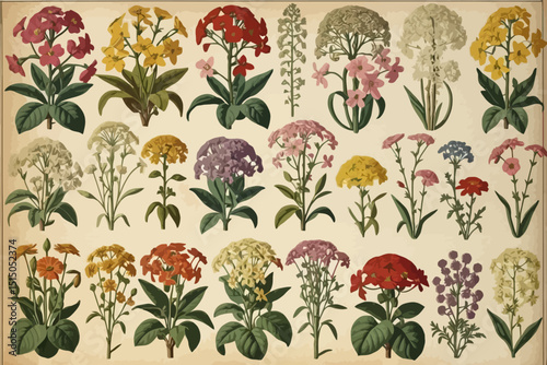 Vintage Botanical Illustration of Diverse Flower Species - Antique Floral Prints for Home Decor - Colorful and Detailed Botanical Chart - Floral Art Prints