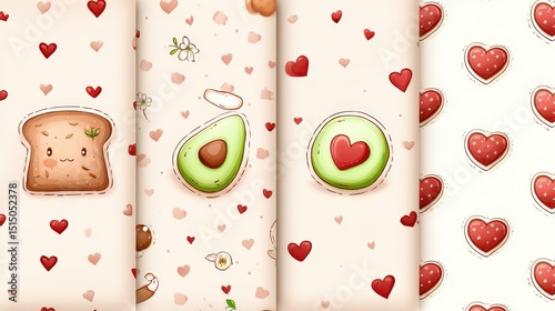 Cute Food Pattern with Avocado, Bread, Hearts and Floral Elements for Creative Projects