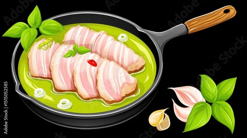 Delicious Cooked Meat in Pan with Green Sauce and Fresh Herbs on Black Background
