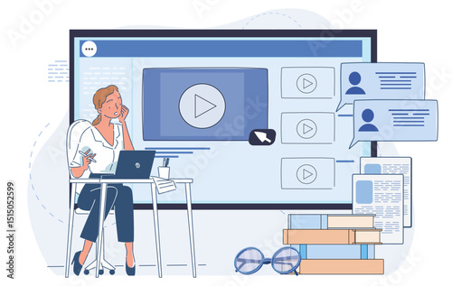 Female character sitting at desk with laptop, watching online course on large screen, surrounded by books and chat bubbles, flat style, educational concept. Vector illustration