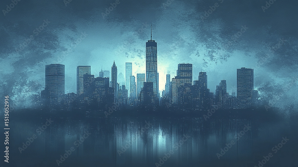 Fototapeta premium dark teal city skyline silhouette at dusk, reflecting serene atmosphere