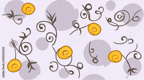 Whimsical Yellow Flowers and Swirling Vines on Soft Lilac Background with Abstract Circles