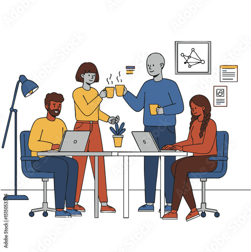 Four workers at table two drink coffee two use laptops in a modern office setting