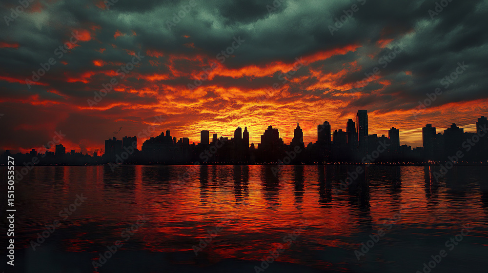 Obraz premium Dramatic city skyline at sunset reflecting on water, creating stunning visual experience