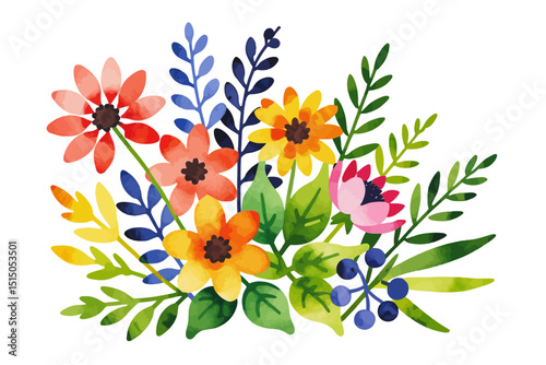 Watercolor Flower Bouquet Illustration - Colorful Floral Arrangement with Red, Yellow, and Pink Flowers - Botanical Art for Prints and Designs