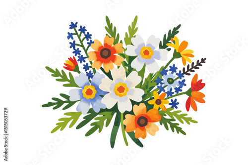 Watercolor Flower Bouquet Illustration - Vibrant Floral Arrangement with Daisies and Larkspur - Perfect for Spring and Summer Designs