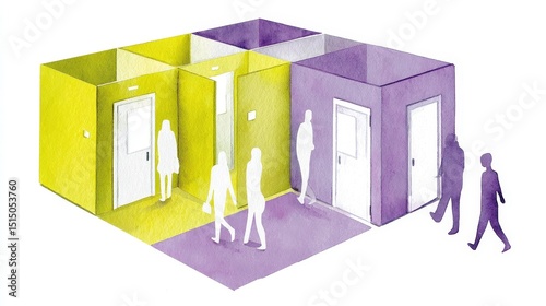 Watercolor Illustration of People Walking Through Colorful Hallways and Rooms in a Gallery Setting