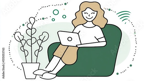 Woman Working on Laptop While Relaxing in Cozy Chair with Indoor Plant Surrounding Her