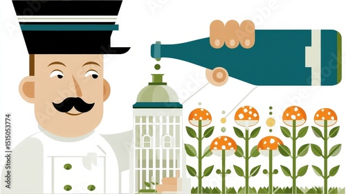 Chef Pouring Beverage with Flowers and Decorative Birdcage in a Playful Style Scene
