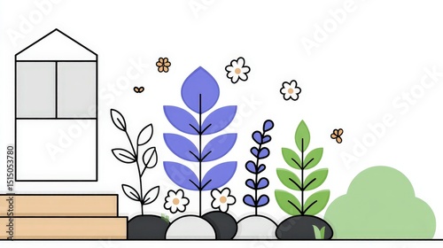 Colorful Plants and Garden Elements with Decorative House in Stylized Minimalist Design