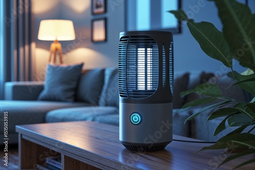 Modern mosquito killer lamp, tranquil, placed on a wooden table in living room
