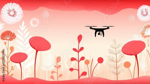 Abstract digital illustration of a flying drone among colorful floral elements and soft gradients