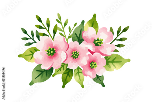 Watercolor Pink Dogwood Flower Arrangement - Delicate Floral Clipart for Spring Crafts - Hand Painted Botanical Illustration with Green Leaves - Perfect for Wedding Invitations