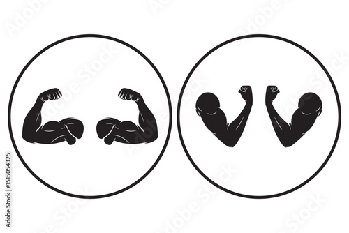 Muscle icon. Bicep symbol. Strong arm vector illustration. Gym logo. Bodybuilding fitness concept. Athlete flexing hand sign. Muscular power pictogram isolated on a white and black background.