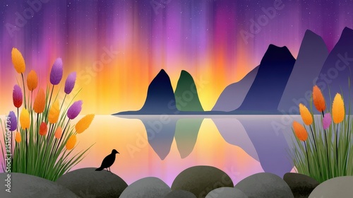 Serene Landscape with Colorful Aurora and Silhouette of Bird Near Tranquil Lake at Dusk