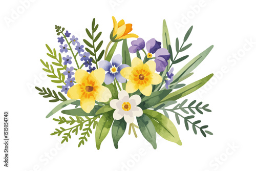 Watercolor Spring Flower Bouquet Illustration - Delicate Floral Arrangement with Daffodils, Irises, and Forget-Me-Nots - Perfect for Springtime Designs and Creative Projects
