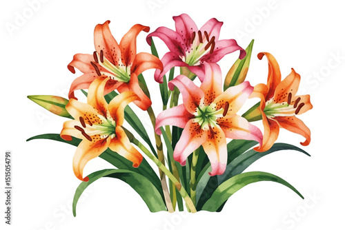 Watercolor Tiger Lily Bouquet - Vibrant Floral Illustration - Orange and Pink Lilies with Green Leaves - Botanical Art Print - Delicate Flower Arrangement Painting