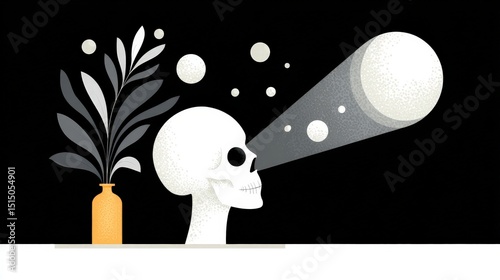 Surreal Illustration of a Skull Gazing at Circular Shapes Against a Dark Background