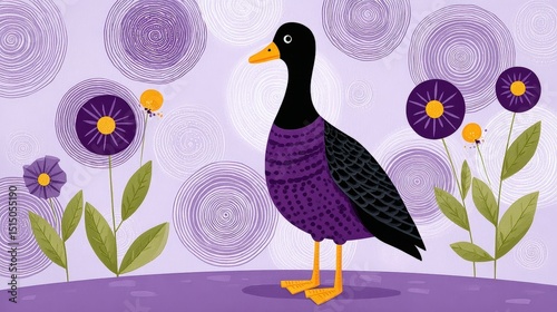 Colorful illustration of a duck standing among flowers with abstract background circles