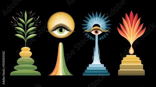 Abstract design featuring eye symbols and natural elements with vibrant colors on dark background