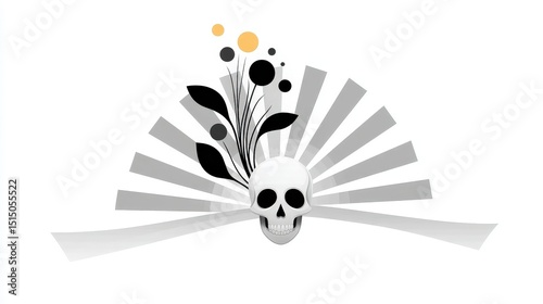 Creative Skull Design with Floral Elements and Radiating Lines in Black and White Aesthetic