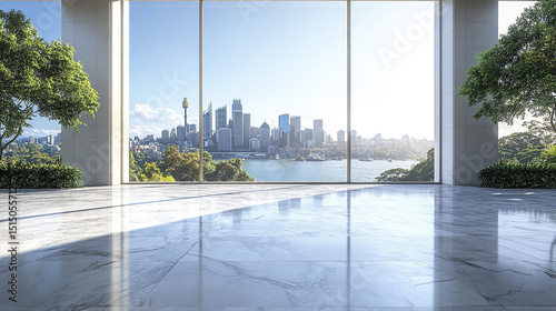 serene marble floor overlooks stunning Sydney skyline  creating peaceful atmosphere