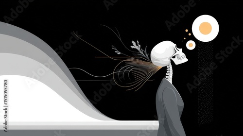 Skeleton in Business Attire with Abstract Background and Thought Bubbles Representing Ideas