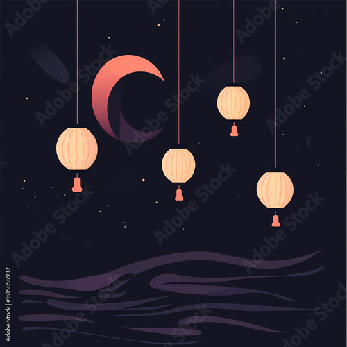 Tranquil Night Scene Celestial Moon and Glowing Lanterns Hanging Over Serene Waters, Peaceful Nighttime Atmosphere, Calm Evening Ambiance, Starry Sky Background