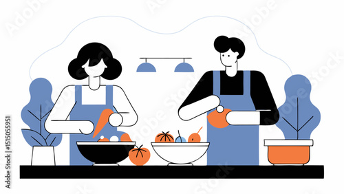 Couple cooking together in kitchen preparing a salad