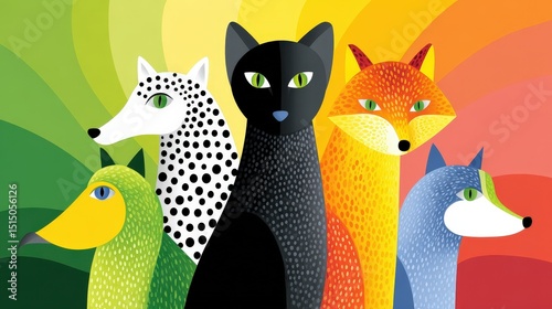 Colorful and Stylized Animal Portraits with Fox, Cat, and Dog in Bright Backgrounds