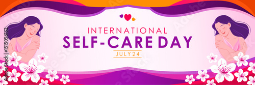 International self-care Day 2025 background template with a beautiful woman figure, flowers and scattered heart symbols with tropical leaves. Great for cards, banners, posters and social media.