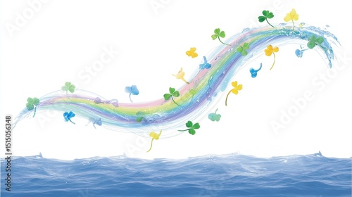 Colorful Water Splash with Clover Leaves and Rainbows Illustrating Nature and Joyful Vibes