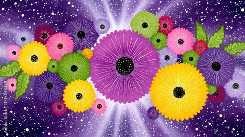 Vibrant Floral Composition with Purple, Yellow, and Pink Flowers Against a Cosmic Background