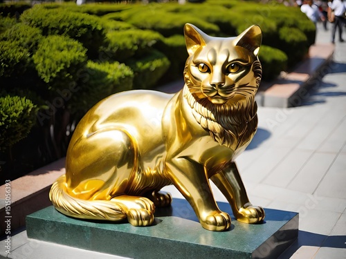 golden cat statue in a park, shining under the sun, surrounded by green bushes and a paved walkway. elegant craftsmanship and vibrant color make it a striking piece of art.