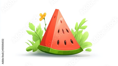 Fresh Watermelon Slice Surrounded by Greenery and Yellow Flower on White Background
