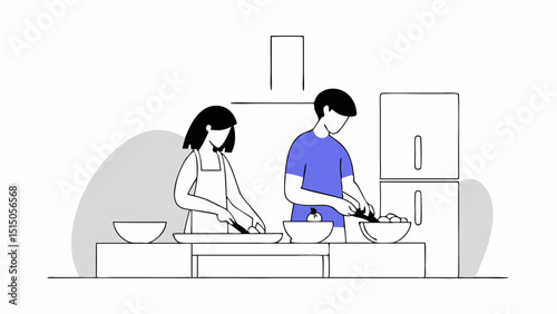 Couple cooking together in modern kitchen illustration