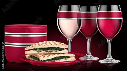 Delicious Panini Sandwich and Elegant Glassware with Wine on a Black Background