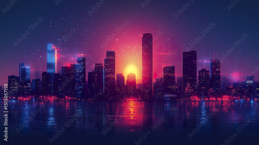 Fototapeta premium Futuristic city skyline with glowing digital lines and vibrant sunset reflecting on water