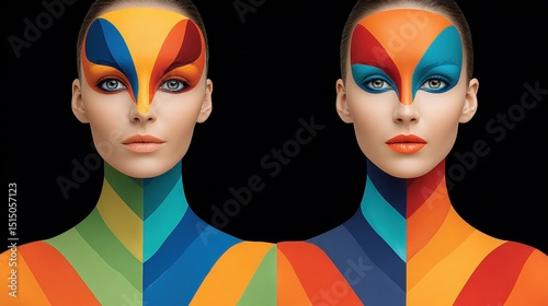Colorful Face Paint Art on Models Featuring Bold Geometric Patterns and Vibrant Hues