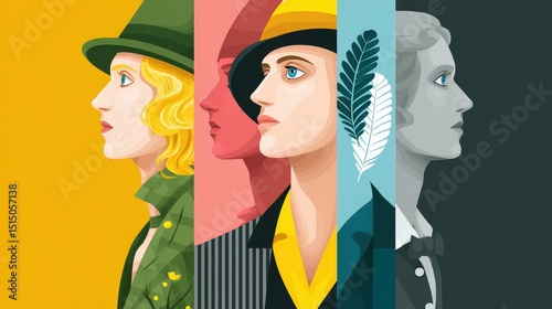 Portraits of Four Distinct Characters Showcasing Fashion Styles and Emotions in Vibrant Colors