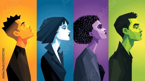 Abstract Portraits of Diverse Characters with Sharp Profiles and Vibrant Colors in Pop Art Style