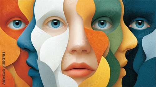 Abstract collage of human faces formed with vibrant colors blending and contrasting together