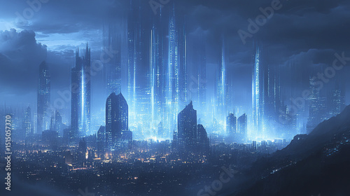 Wallpaper Mural Futuristic city skyline with glowing digital lines and towering structures under moody sky Torontodigital.ca