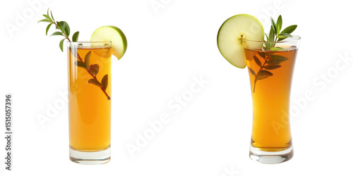 Freshly made apple cocktails in two elegant glasses, garnished with apple slices and herbs, presented against a sleek transparent background for striking contrast.